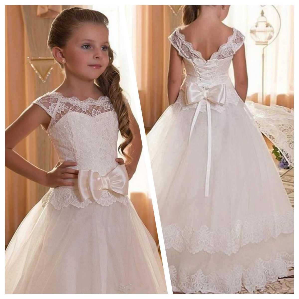 White first backless lace applique bow long flower girl wedding dress Par birthday dress W250326