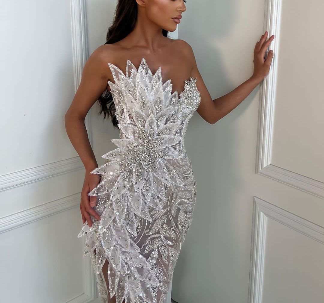 Strapless Mermaid Evening Dress Beading Sequined Side Split Long Prom Dresses Customized Tulle Sexy Illusion Party Gown