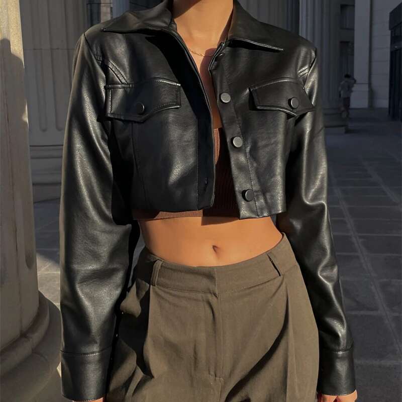 Candyhot Autumn Faux Leather Short Jacket Y2k Turn-Down Collar Fashion Botton Decoration PU Coat 2024 Grunge Street Casual Coats