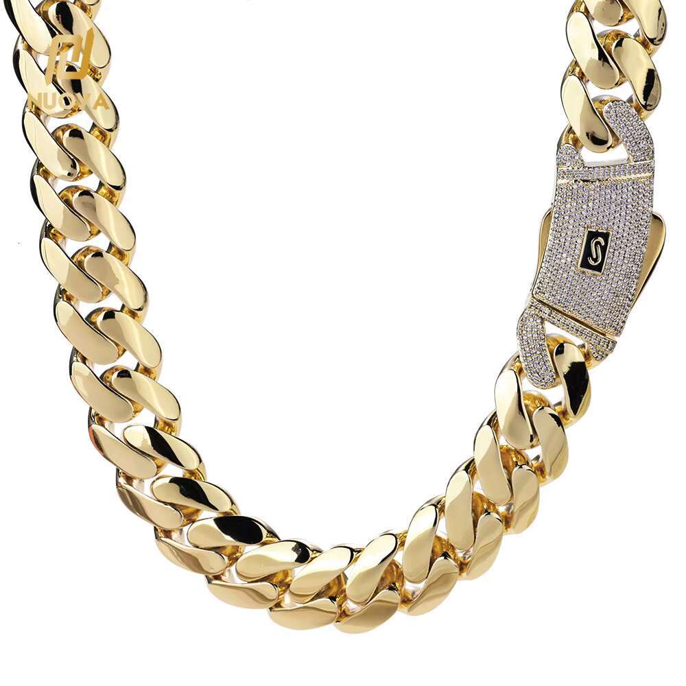 NUOYA Hiphop Jewelry Iced Out Diamond Clasp Flat Monaco Chain 14K Gold Plated Thick Cuban Link Chain Choker Necklace for Women