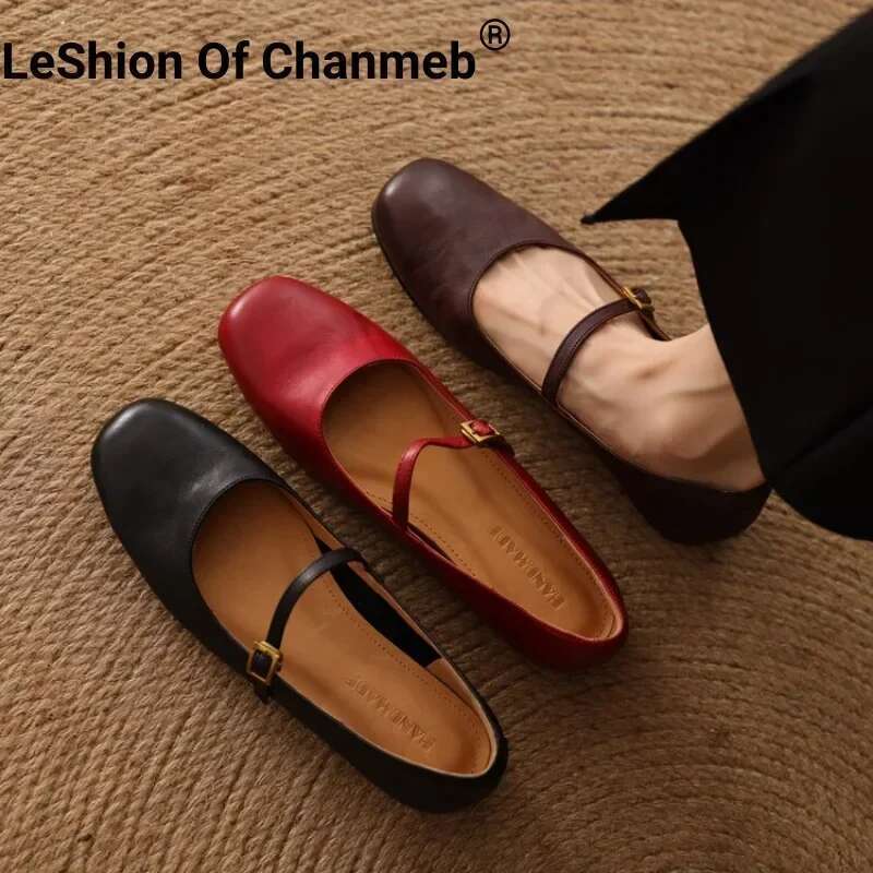LeShion of Chanmeb Women's Real Leather Mary Jane Brown Vintage Buckle Comfort Flats Red Soft Black Ballet Shoes Ladies 40