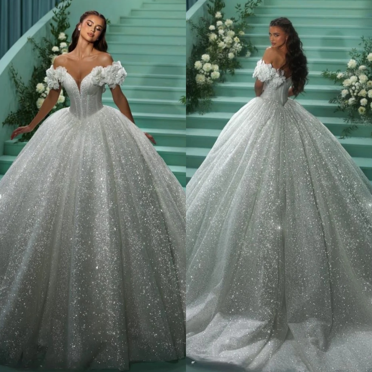 Shiny Wedding Dress Sequins Pearls Bridal Ball Gowns V Neck Off Shoulder Custom Made Sparkly Backless Princess Bride Dresses Vestido De Novia Plus Siz