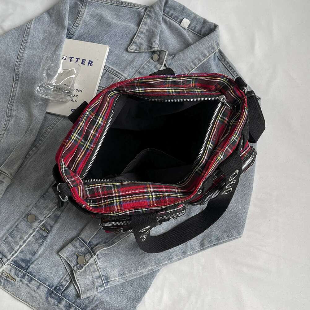 Designer Plaid Handbag Women Punk Shoulder Crossbody Bag Fashion Satchel Purse Queen Red Y2k Street For Travel Shopping 2025