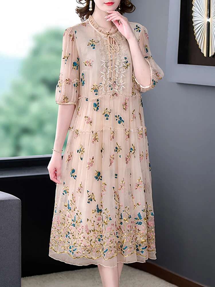 Summer New Silk Embroidery ral Loose Women Elegant Chic Ruffled Collar Casual Home Dress 2024 Vintage Party Robe