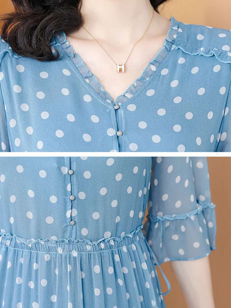 Blue Elegant Ploka Dot Flare Sleeve Ruffled Women Fashion Bodycon Casual Home Dress 2024 Korean Chic Evening Vestidos