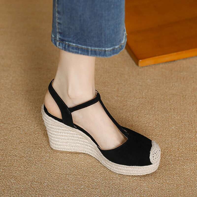 New EAGSITY 2025 design espadrilles cow leather wedges sandals platform ankle strap high heel casual shoes pumps