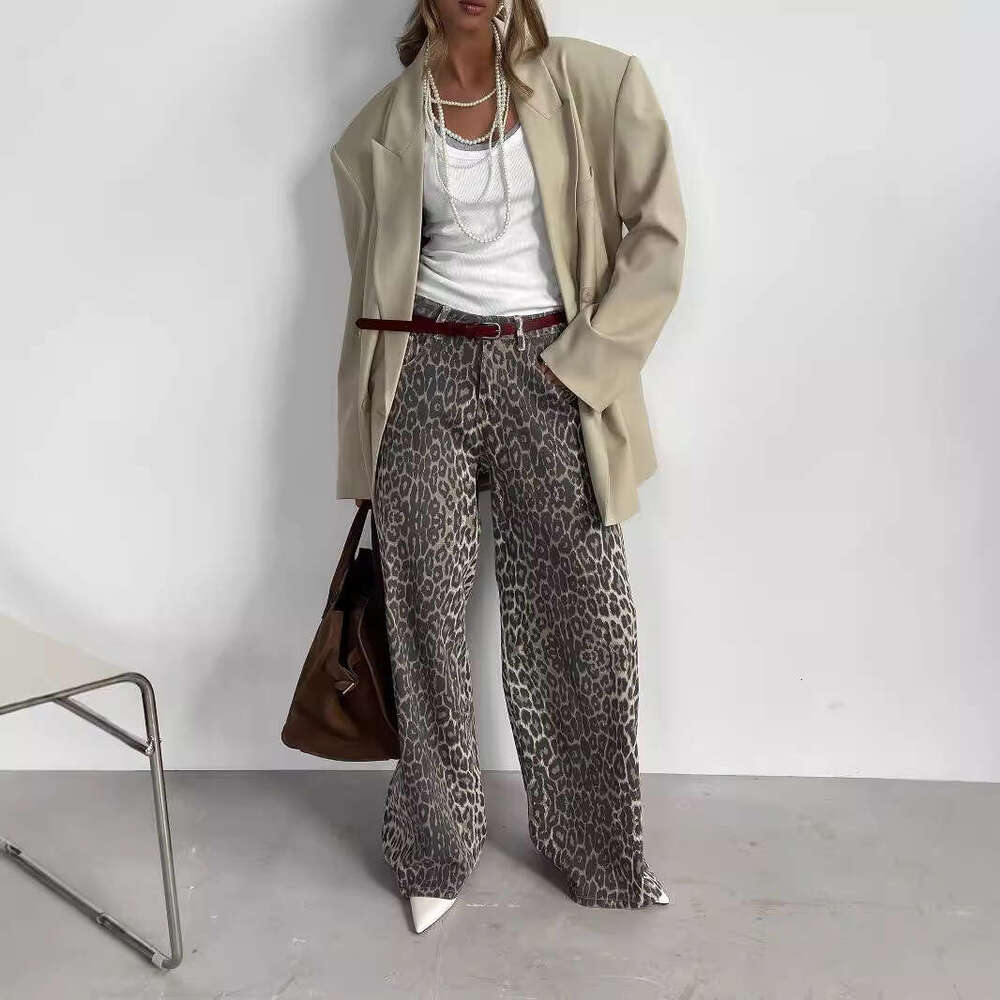 Leopard For Spring And Summer 2025, Y2k Loose Casual Floor Length Leopard Print Wide Leg Pants