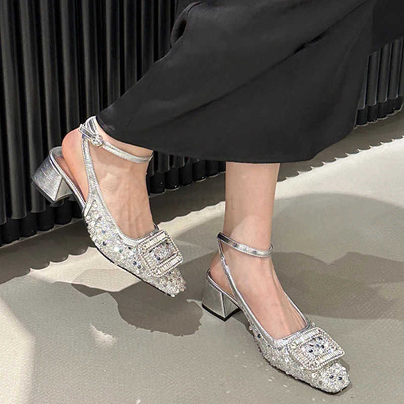 Summer High Heel Sandals Crystal Decoration Fashion Par Dress Shoes Thick Heel Sandalias for Ladies Z250326