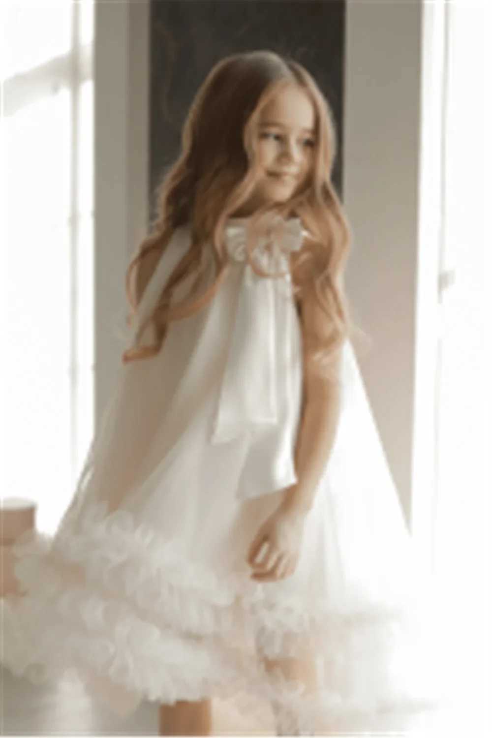 Cute Flower Girl Wedding Dress Cute Full Sleeve Bow Belt Satin Stickers Long Par Childrens Birthday Gift First Exchange Dress W250326