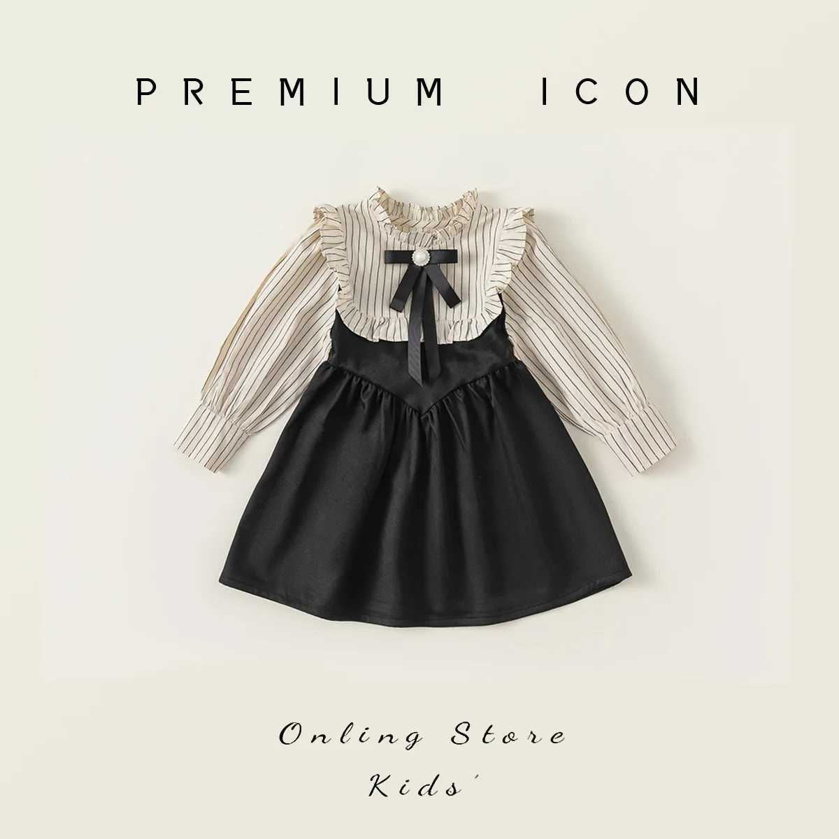 Childrens girls preparatory sled dress autumn Korean fake two-piece baby girls dress striped contrasting knot long sleeved childrens girls dress W2503