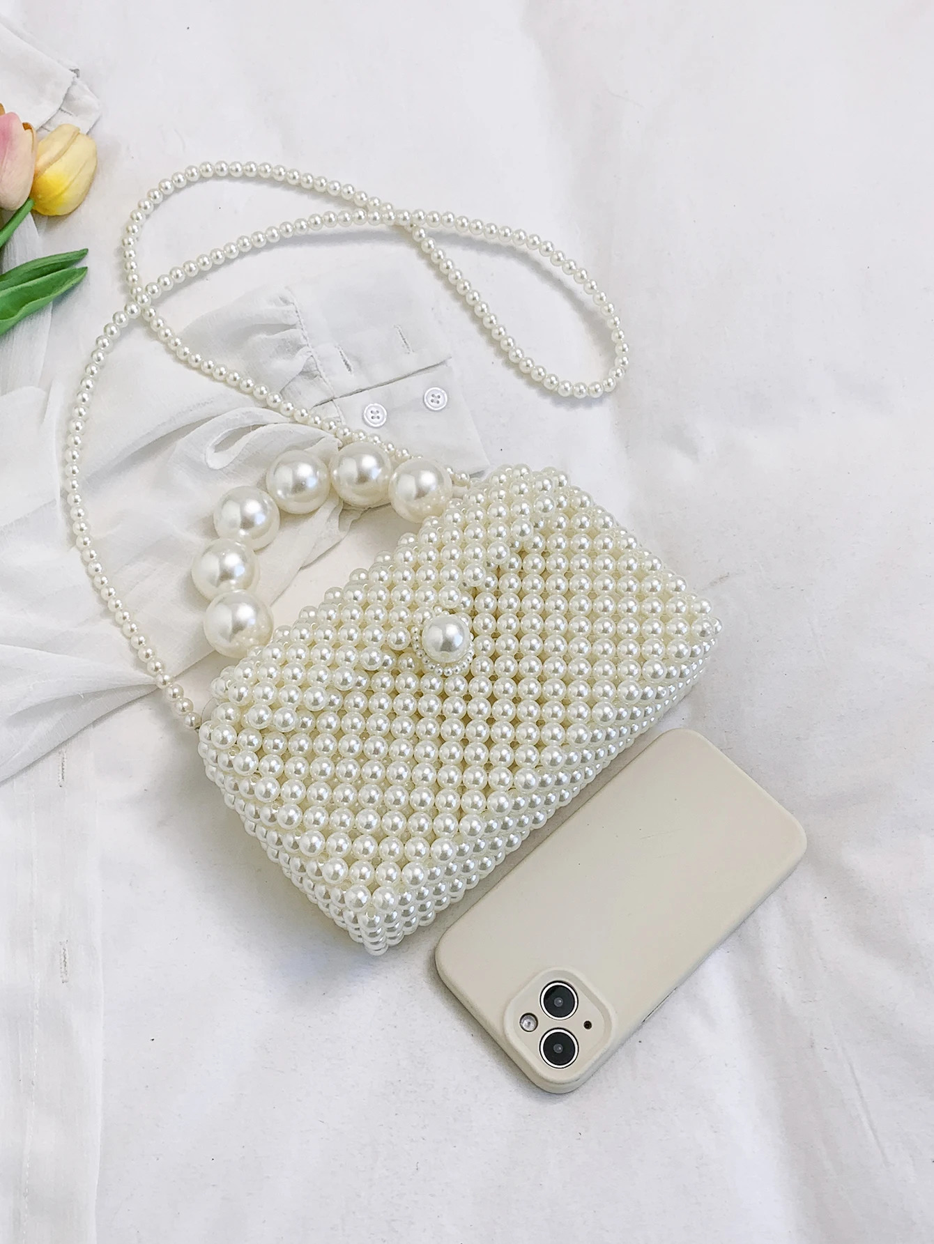 Classic Fashion Trend Handmade Beaded Woven Bag Elegant Temperament Handbag Exquisite Fashion Pearl Chain Shoulder Crossbody 250325