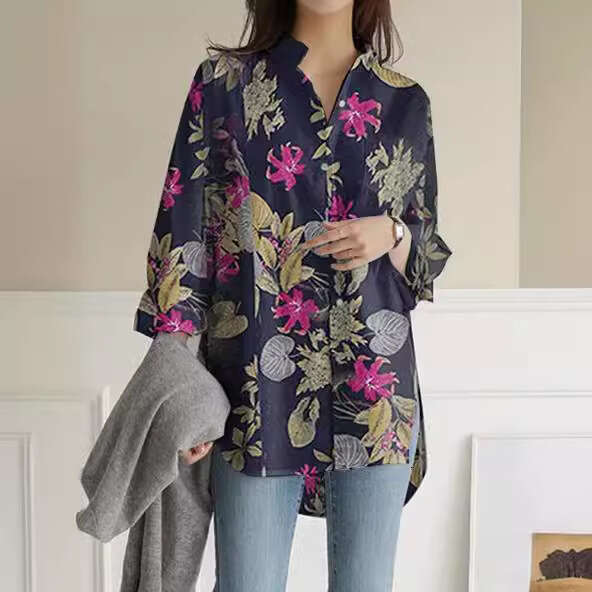 2024 long sleeved plus size cotton linen printed top, loose and trendy