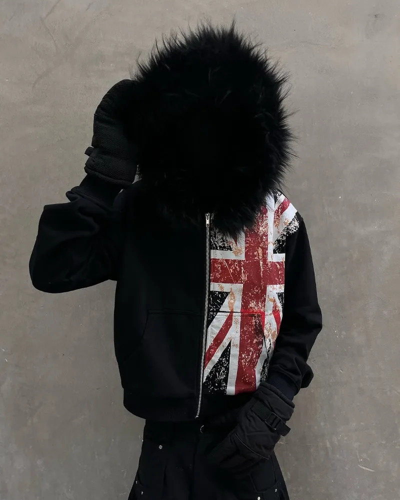 Y2K Warm Zipper Hoodie Vintage Harajuku Flag Pattern Printed Fluffy Fashion Gothic Mens Casual Clothing 250326