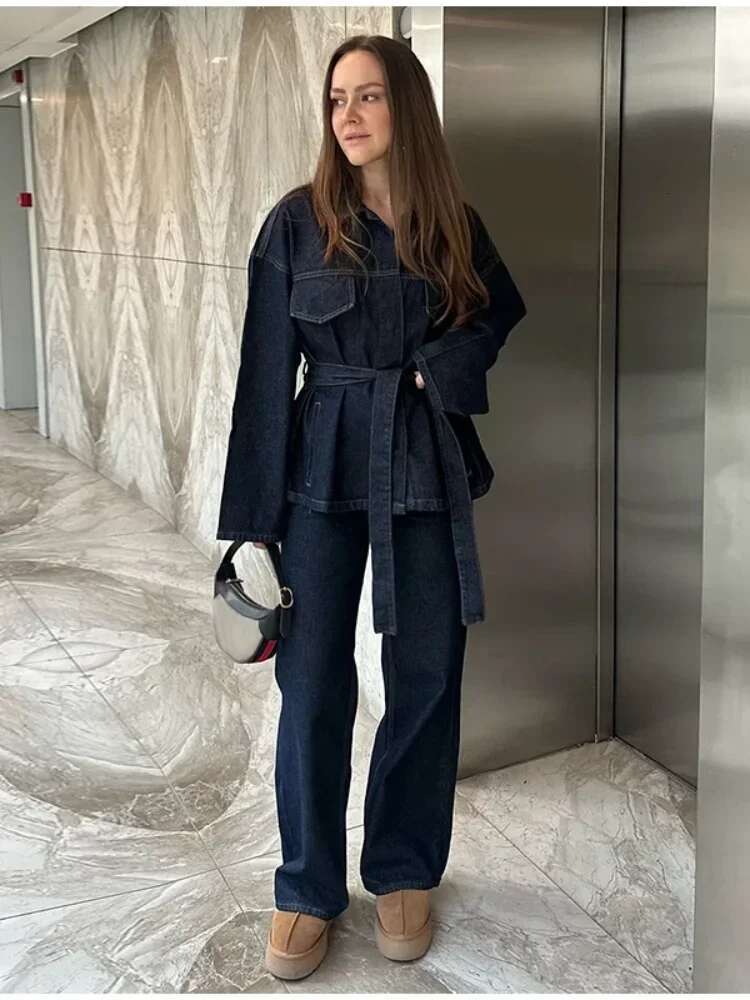 Vintage Women With Belt Denim Jacket Pants Set Single Breasted Long Sleeve Jackets Wide Leg Jeans Lady Street Outfits 2025