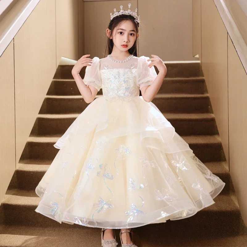 High end floral girl dress with elegant puff sleeves childrens high-dimensional Vestidados princess sequin wedding Christmas Par dress W250326