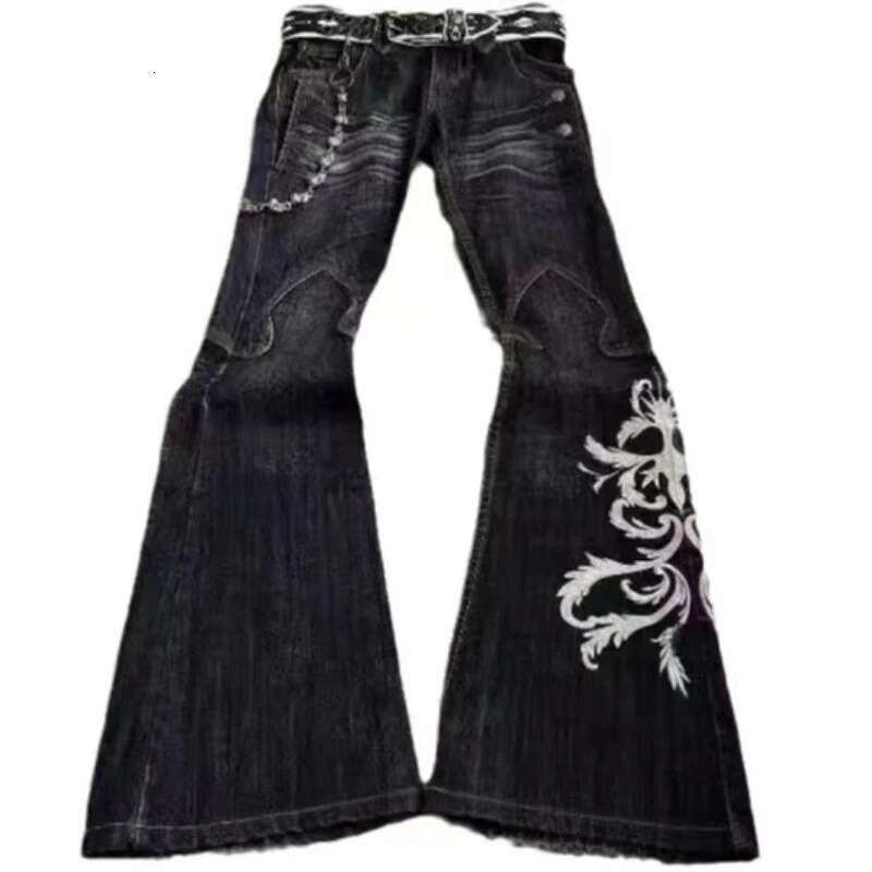 New Men's Heavy Industry Embroidered Jeans Punk Bellbottom Y2k Washed Dark Pants