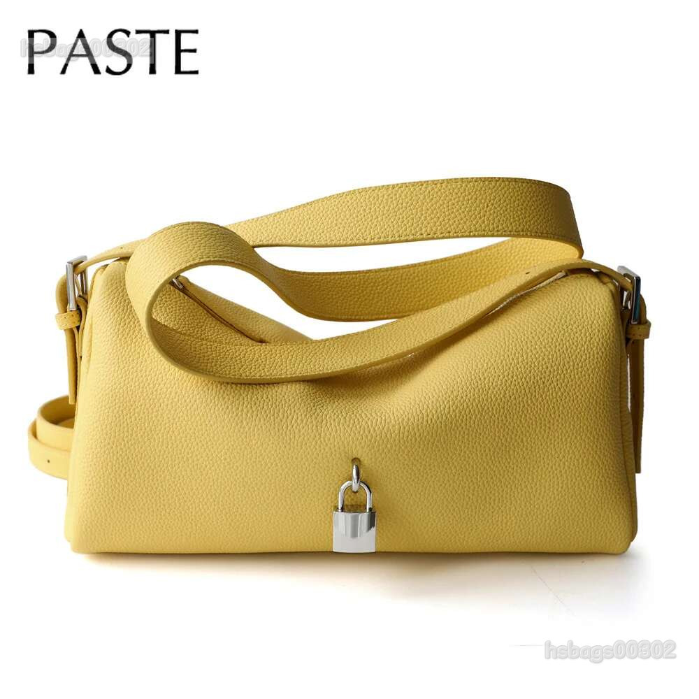 Ins Chic LOCK Design Soft Horizontal Cydrical Shape Pillow 100% Real Leather Women Shoulder Bag Yellow Purse
