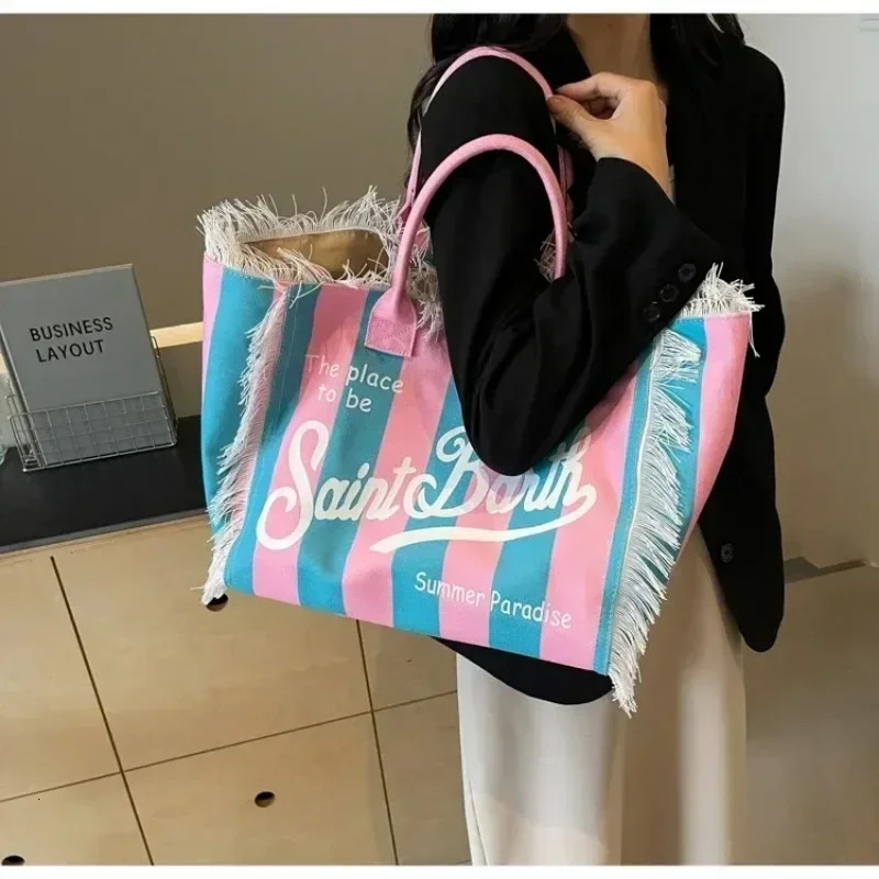 Basic Style Tassel Canvas Womens Shoulder Bags Interior Pocket Fashion Large Capacity Pattern High Quality Handbags 250321