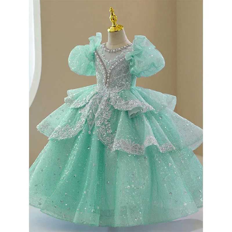 Fluffy sleeve flower girl wedding dress used for weddings children beads pleated chiffon princess Pagine dress sparkling first piece of Communion Par 