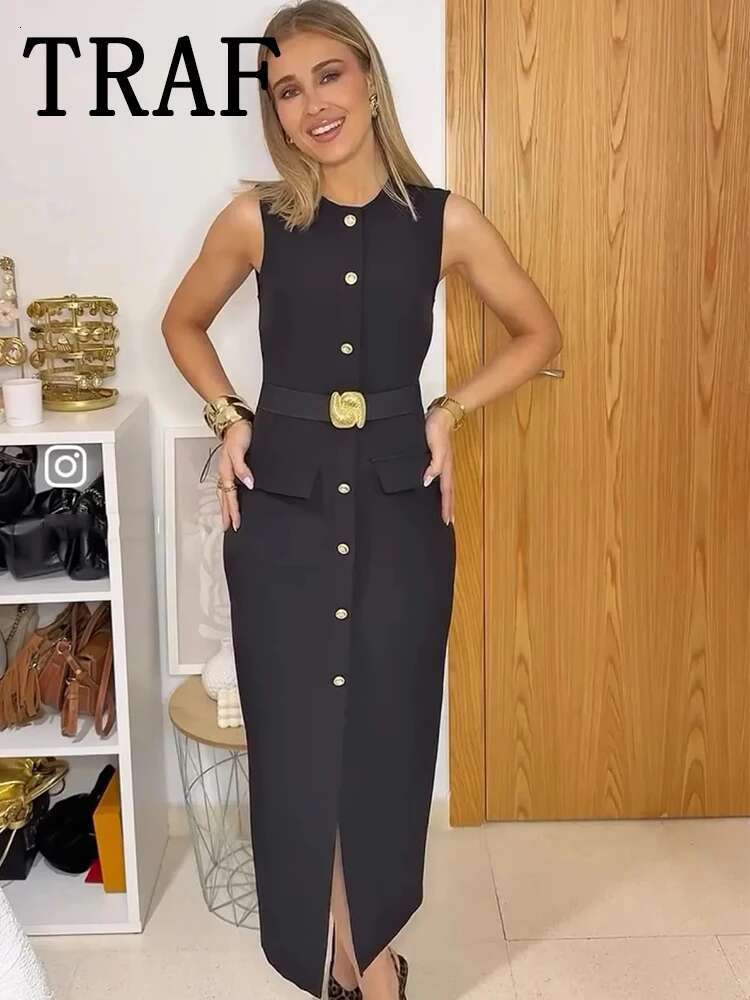 TRAF With Belt Midi Woman Elegant Long for Women 2025 Spring Dress Office Sleeveless Female Party Dresses