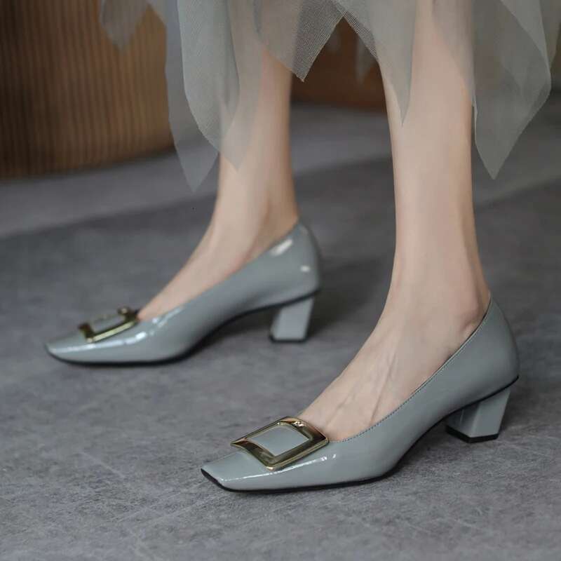 Square buckle medium heel square toe single work shallow cut high thick heels wedding shoe