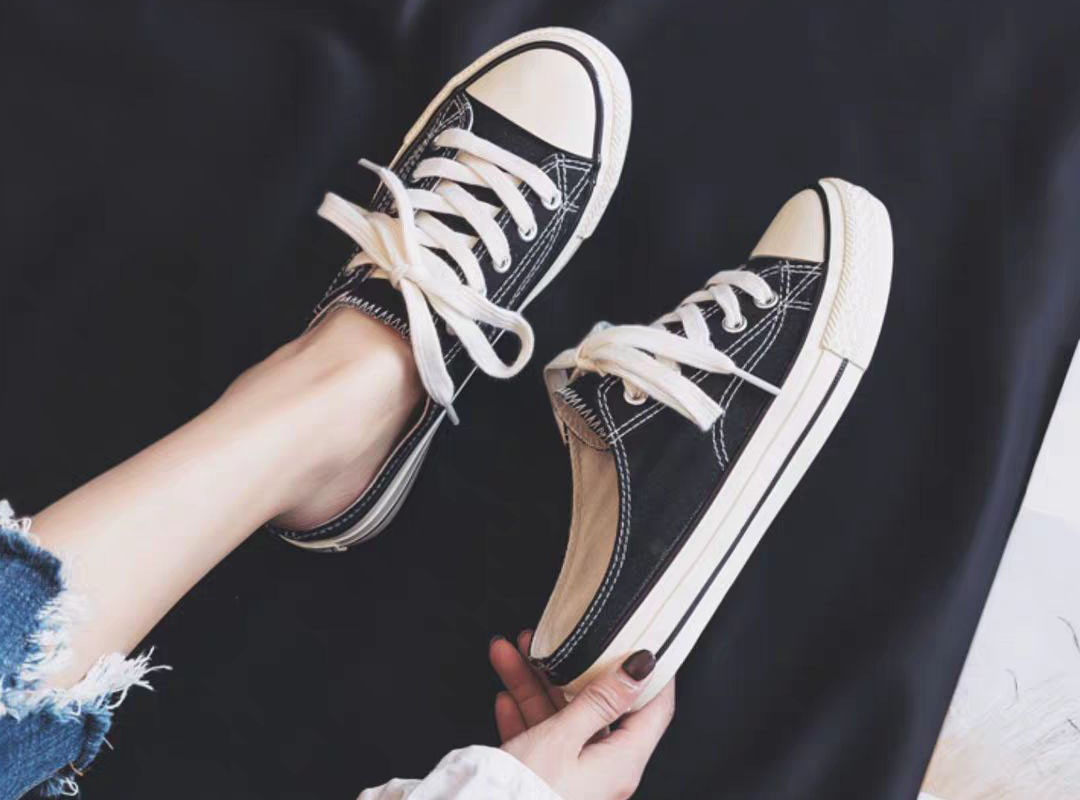 designer shoes new Women's half-drag white sneakers Korean version for summer one-step slip-on lazy shoes for students versatile flat canvas shoe