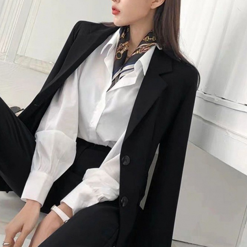 K3251Spring & Autumn Women's Black Formal Suit Jacket - Modern Korean Design Ideal for College Students