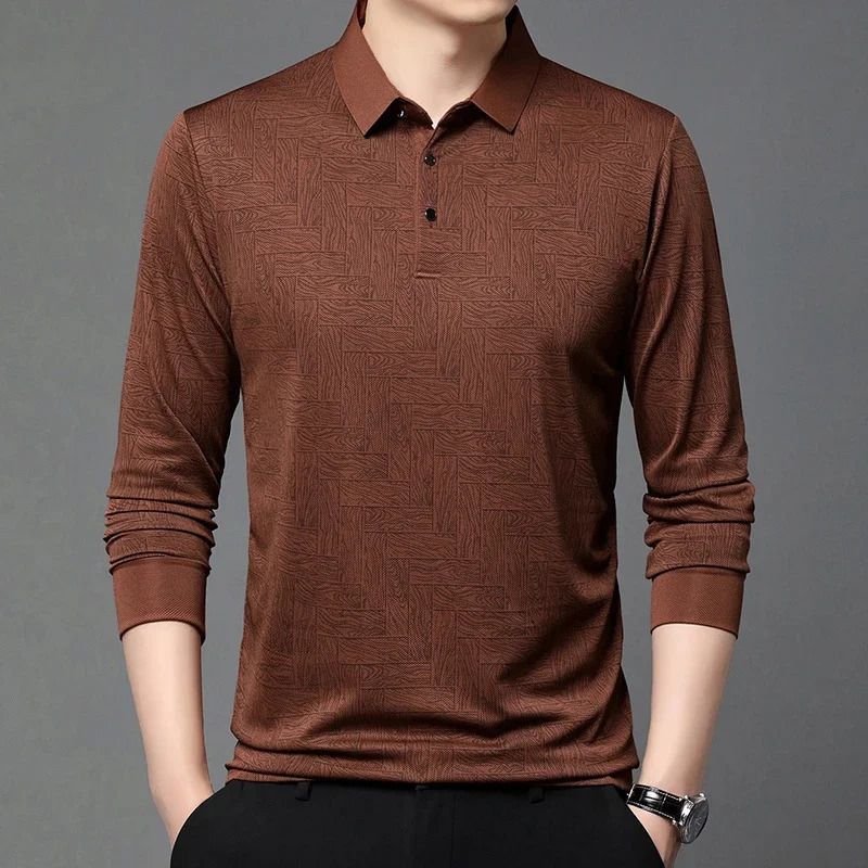 Mens business casual long sleeved solid color polo shirt fashionable breathable and comfortable Versatile top y250326