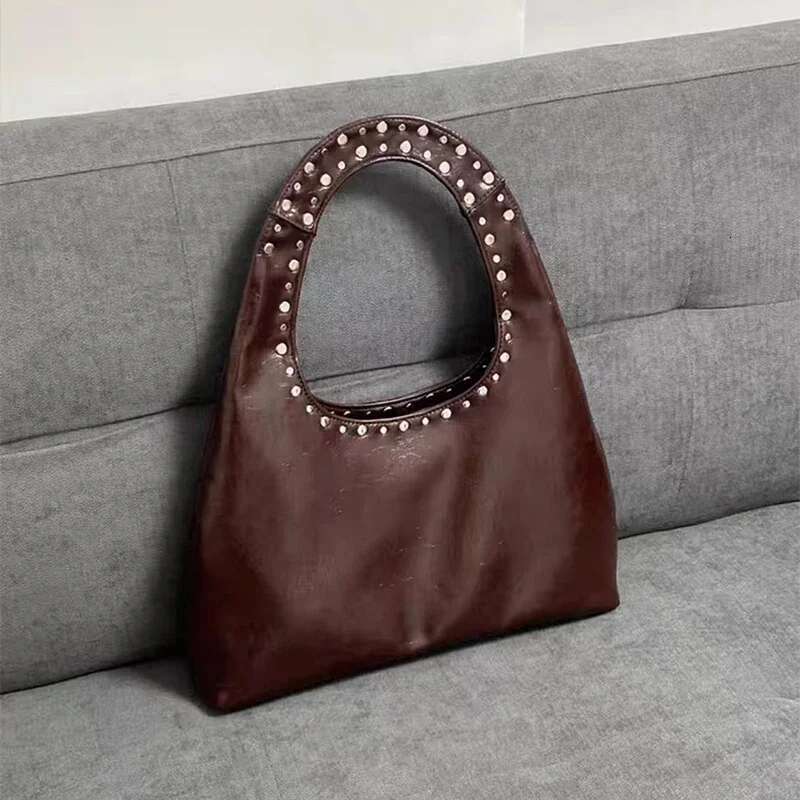 Retro Rivet Underarm Shoulder Bag,Wasteland Style Metal Stud Motorcycle Bag,Oil Wax Leather Women Handbag Brown Side Tote Bags Fashionable and atmosph
