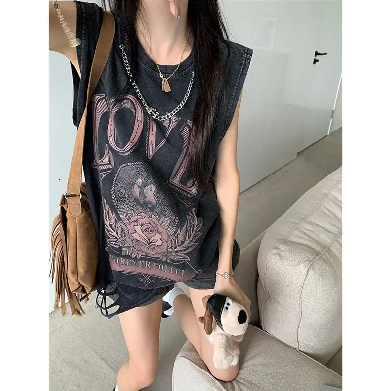 Harajuku retro Distressed Washed Ripped vest womens summer loose print sleeveless top trend Y2k top 250321