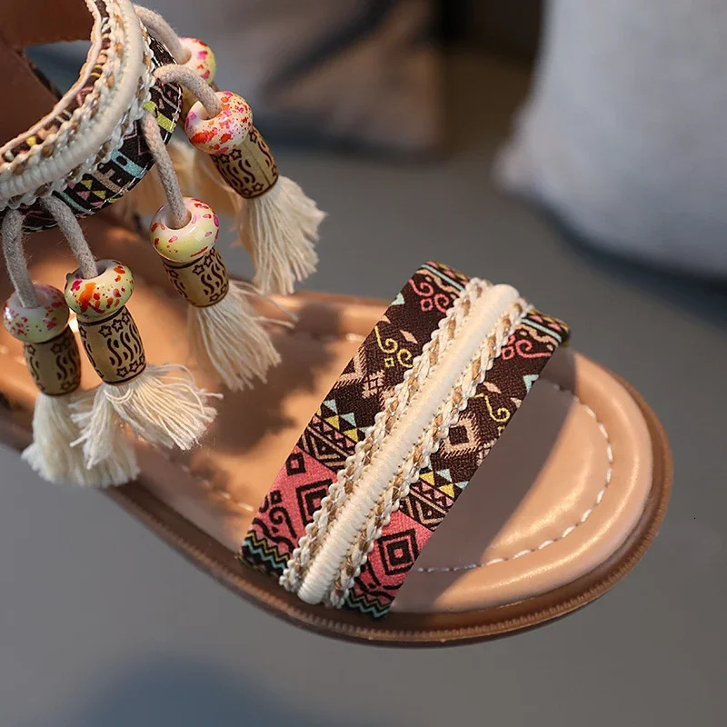 Girls Gladiator Sandals Princess Sweet Kids Beach Shoes Kids Summer Retro Ethnic Traditional Sandals with Tassels Soft Back Zip 250326