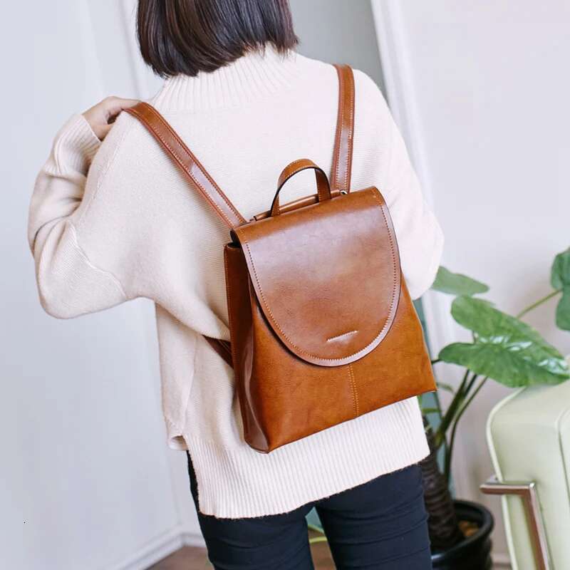 Genuine Leather Women Backpack Waxed Cowhide Female Vintage Rucksack College School Student Books Bag Shoulder Bags For Ladies