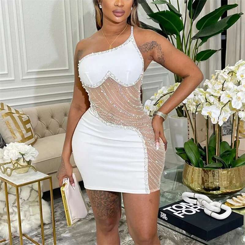 Fashion Diamante Decoration Single Strap Slant Neck Dresses Women Elegant Gala Party Dress Y Wrap Hip Short Gown