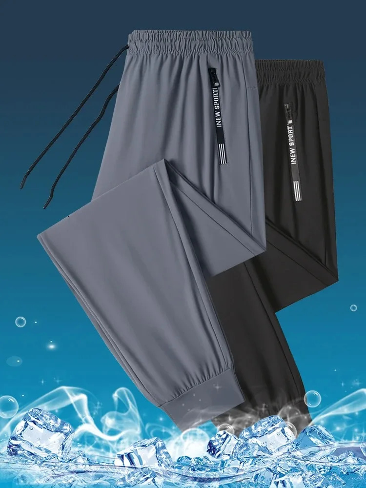 Ice silk mens summer ultrathin sports pants quick drying straight leg wide casual 250326