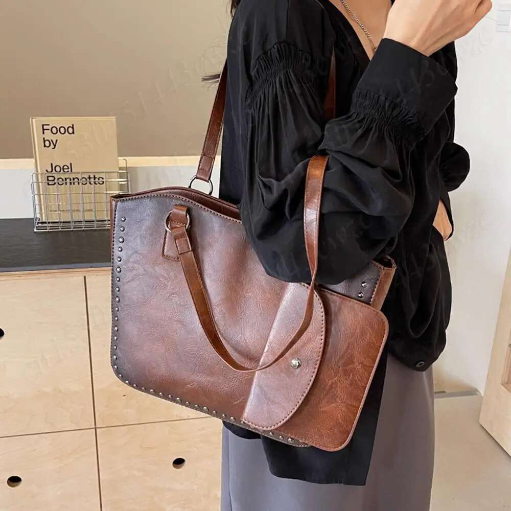Tote Women W/Rivet Shoulder PU Leather Vintage Purse And Handbag Large Capacity Satchel Bag For Work Travel