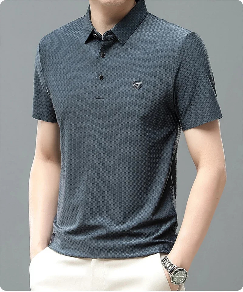 Fitting elegant checkered summer mens Tshirt 2024 highquality casual slim fit top 250326