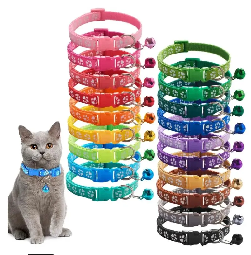 Cartoon Footprint Pet Collar with Bell Colorful Dog Puppy Cat Kitten Collar Adjustable Safety Bell Ring Necklace Pet Accessories ZZ
