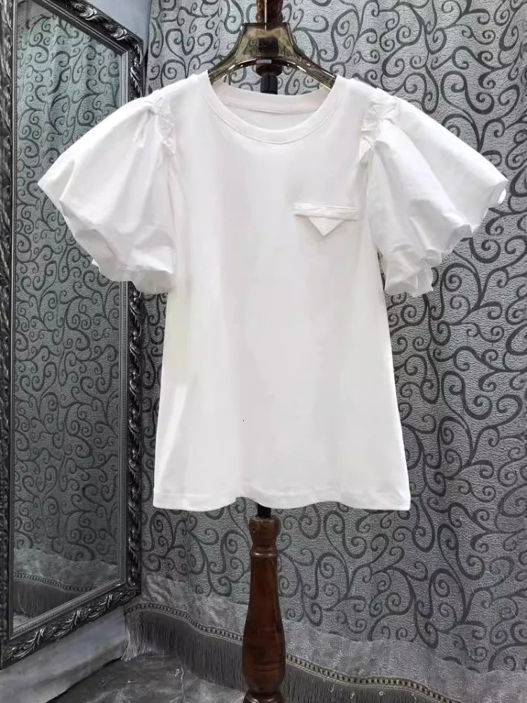 Retro Womens Simple T-shirt Summer T-shirt Puff Sleeve O-neck T-shirt Full Match Top Fashion Sweet White T-shirt Ropa Mujer 250321