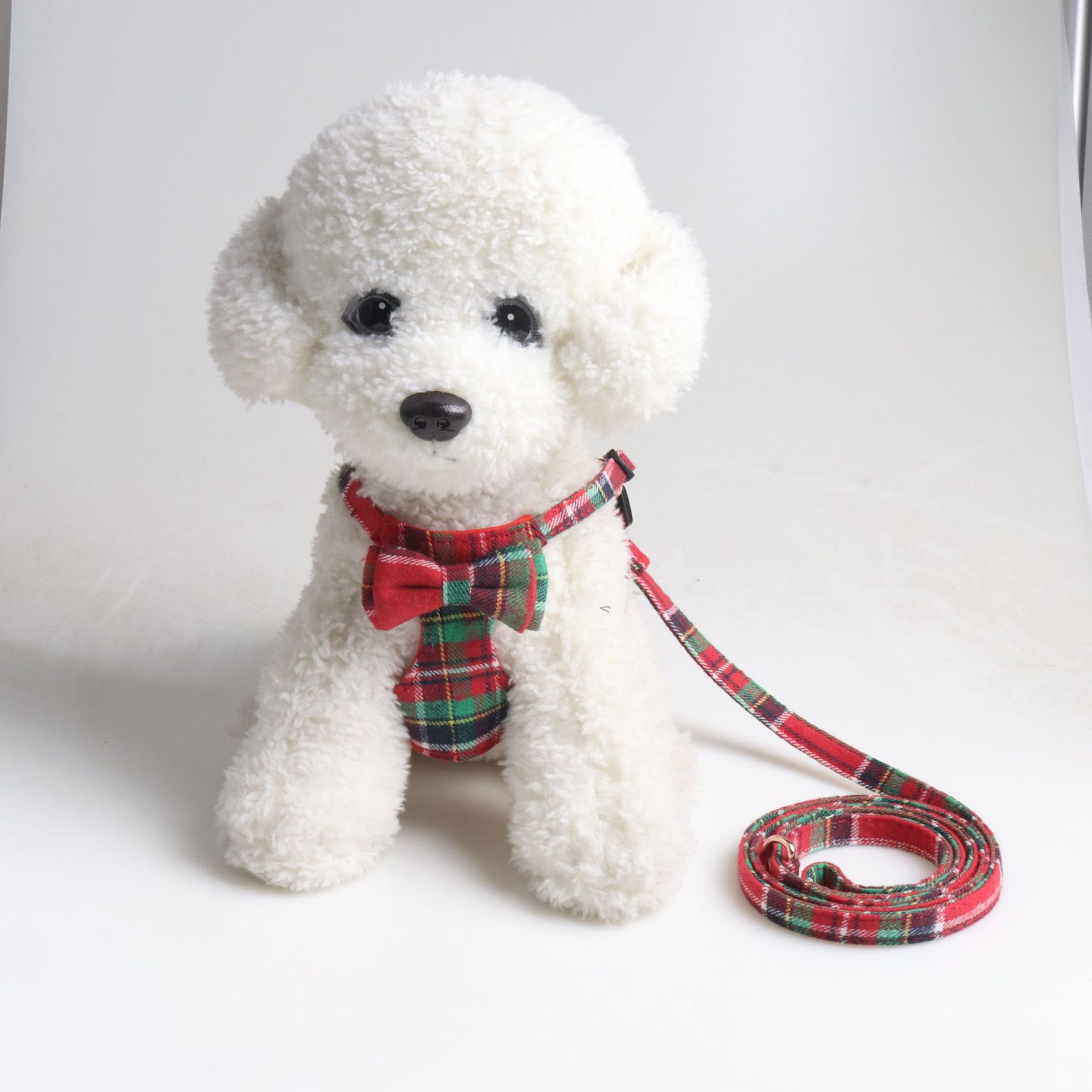 Classic Plaid Christmas Dog Harness Leash Set with Bowknot Comfort Adjustable Pet Vest Harness Ideal Holiday Gift for Small Dogs Daily Walking A25 - view 3