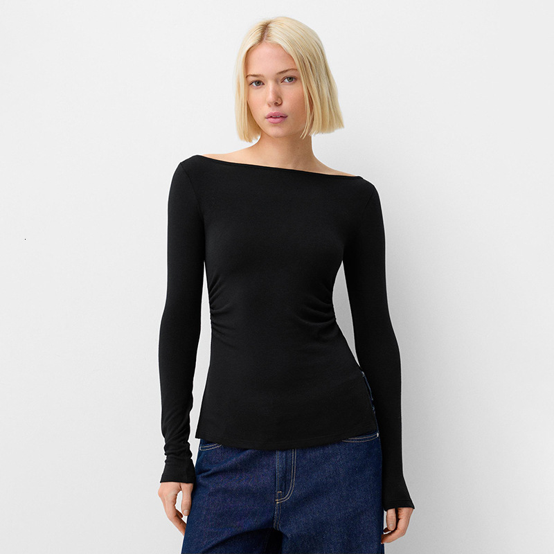 2025S Fashion Designer Y TP Style Women S Autumn And Winter One Collar Pleated Waist Cinched Slit Solid Color Pullover Top T Shirt