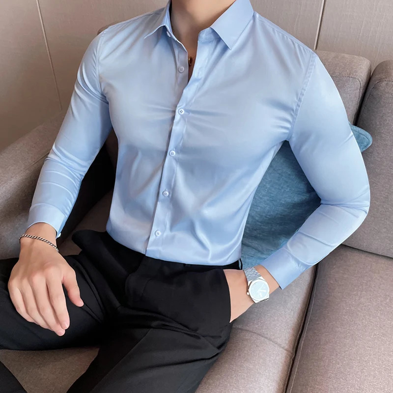 10Color highquality solid dress mens simple long sleeved slim fit business shirt social casual Plus size 5XLM 250326
