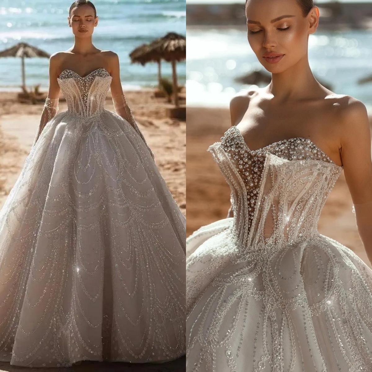 Exquisite Wedding Dress Strapless Pearls Beading Bridal Ball Gowns Sleeveless Rhinestone Custom Made Sequins Princess Bride Dresses Vestido De Novia P
