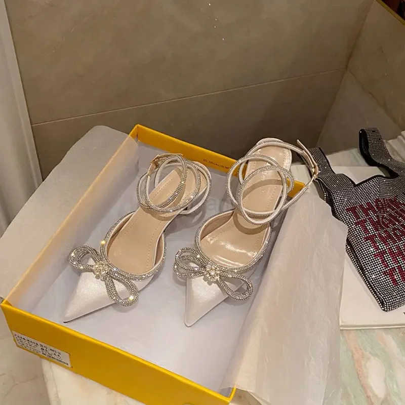 Black/White Glitter Rhinestone Wen Pumps Crystal Bowknot Summer Ladies Sandals Shoes 7CM High H Par Pr Wedding Shoes Z250326