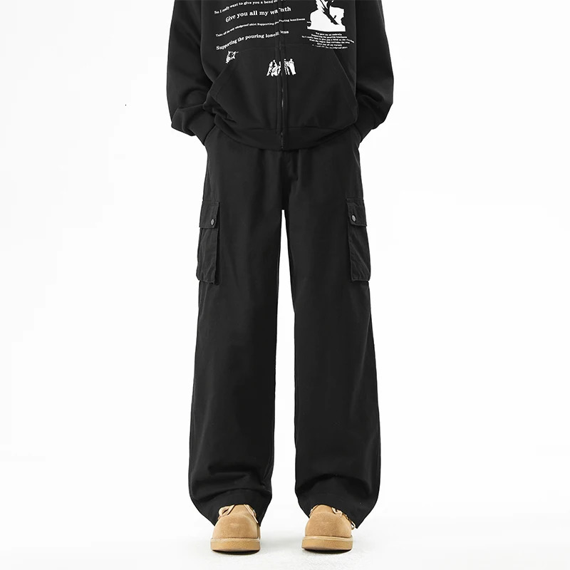 Men's Cotton Cargo Pants High Street Comfortable Loose Fit Wide Leg Pants Side Pockets Drawstring Waist Trousers Man Workwear 250321