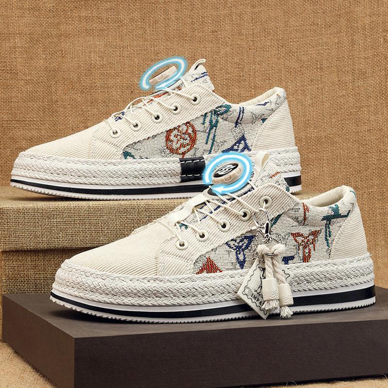 Designer's New Corduroy Fabric Breathable Rotating Buckle Free Lace Up Board Shoes Suitable For Summer Fashion Leisure Color Blocked Sports Men&#