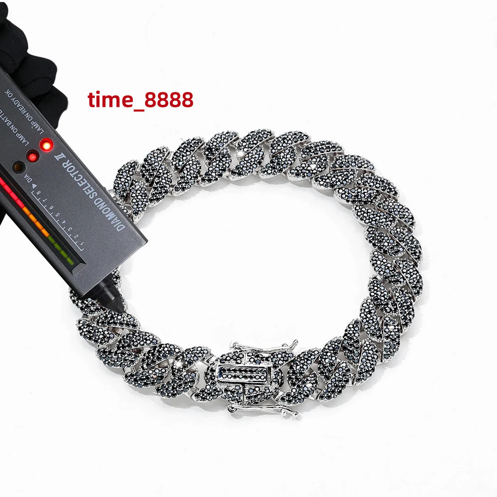 Custom 12mm 3 Rows S925 Sterling Silver VVS Diamond Necklace Iced Black/White Moissanite Cuban Link Chain for Men Gift