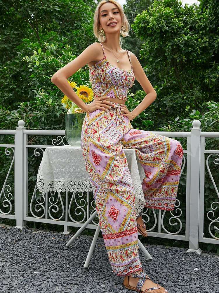 TRAFZA Women Fashion Print Pant Sets Sleeveless Strap Top Loose Casual Elastic Waist Trousers 2025 Summer Lady Bohemian Outfits