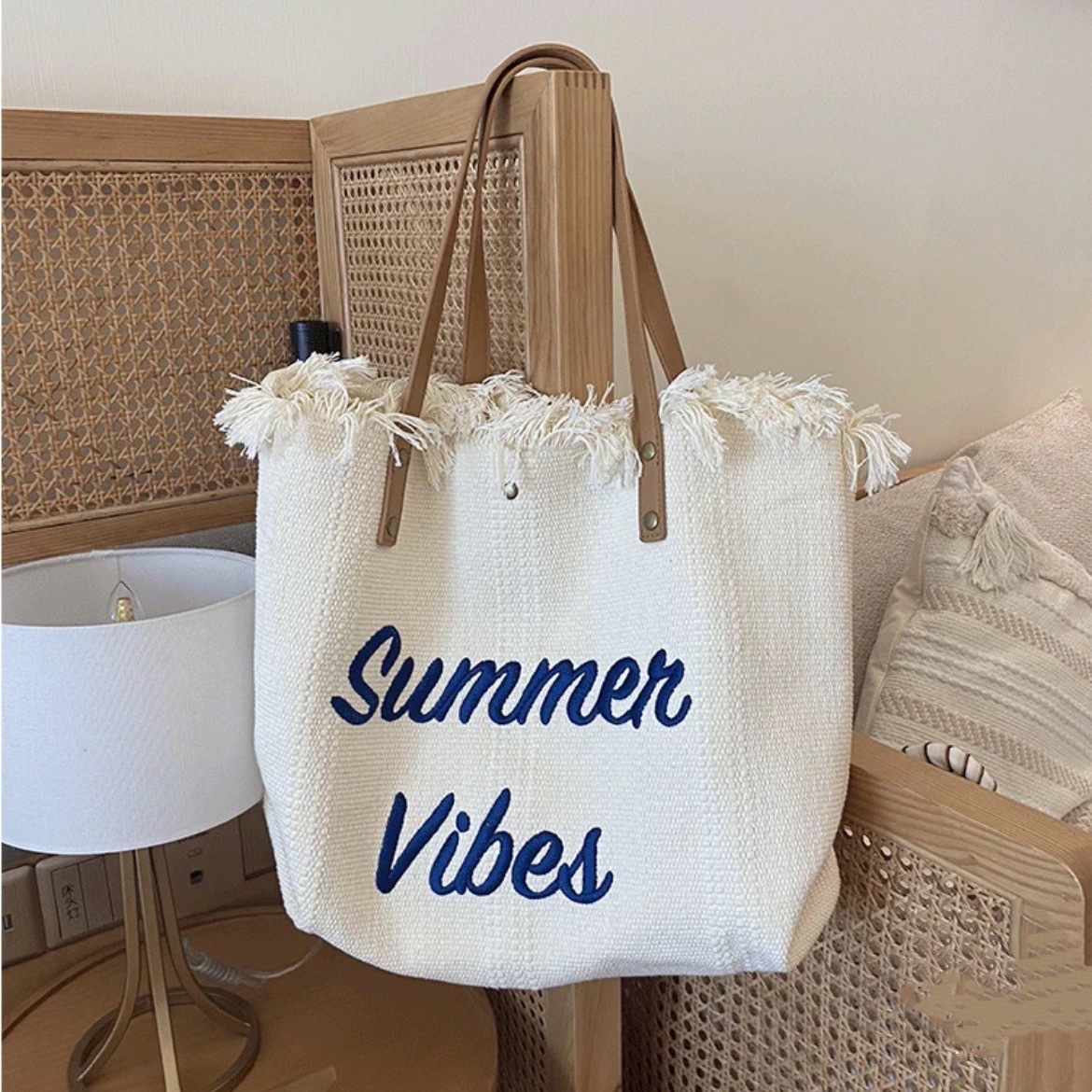 Free shipping Large Capacity Bag Canvas Bag Embroidery Alphabet Tote Bag Women's Bag Woven beach Bag Shoulder Bag