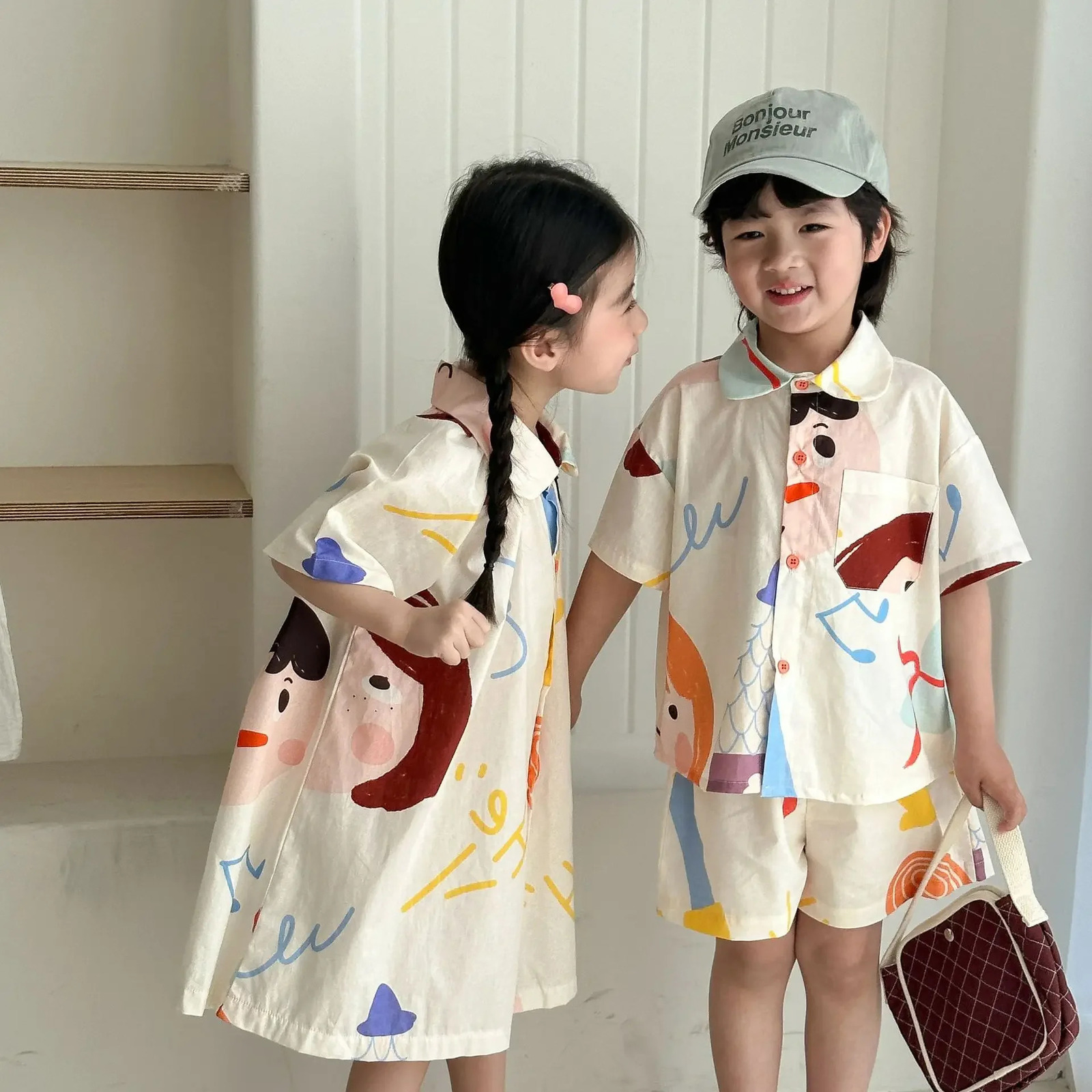 Kids Set Brother And Sister Clothes 2025 Summer Boys Two Piece Suit Or Short Sleeve Girls Graffiti Dress Cartoon Clothes 250326