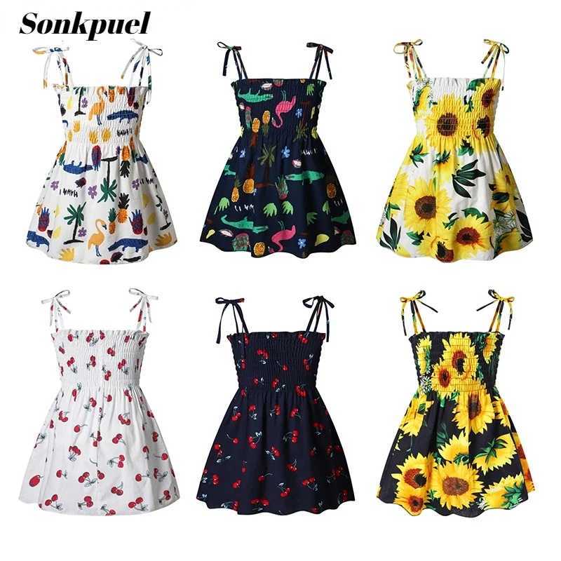 1-6 Years Kids Girls Sleeveless Flower Sundress Summer Beach Strap Princess Dress Cotton Children Clothes girls Casual Dresses W250326